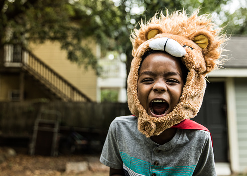 Boy in lion costume roars at camera