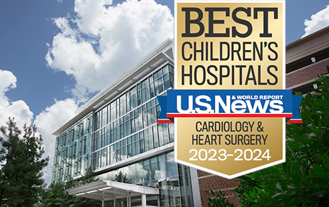 2023 Best Children's Cardiology badge U.S. News and World Report over image of UVA Children's hospital