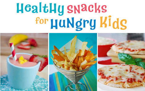 Healthy Snack for Healthy Kids logo with pictures of a pink smoothie, a cup of vegetable chips, and a small pizza.