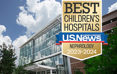 A best Children's Hospitals U.S. News and World Report badge over an image of the UVA Children's hospital